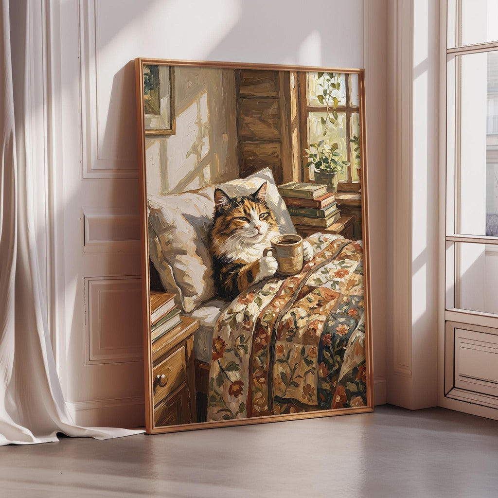 A framed painting depicting a cat sitting on a bed, with a cup of tea in its lap, in a cozy and warmly lit room.