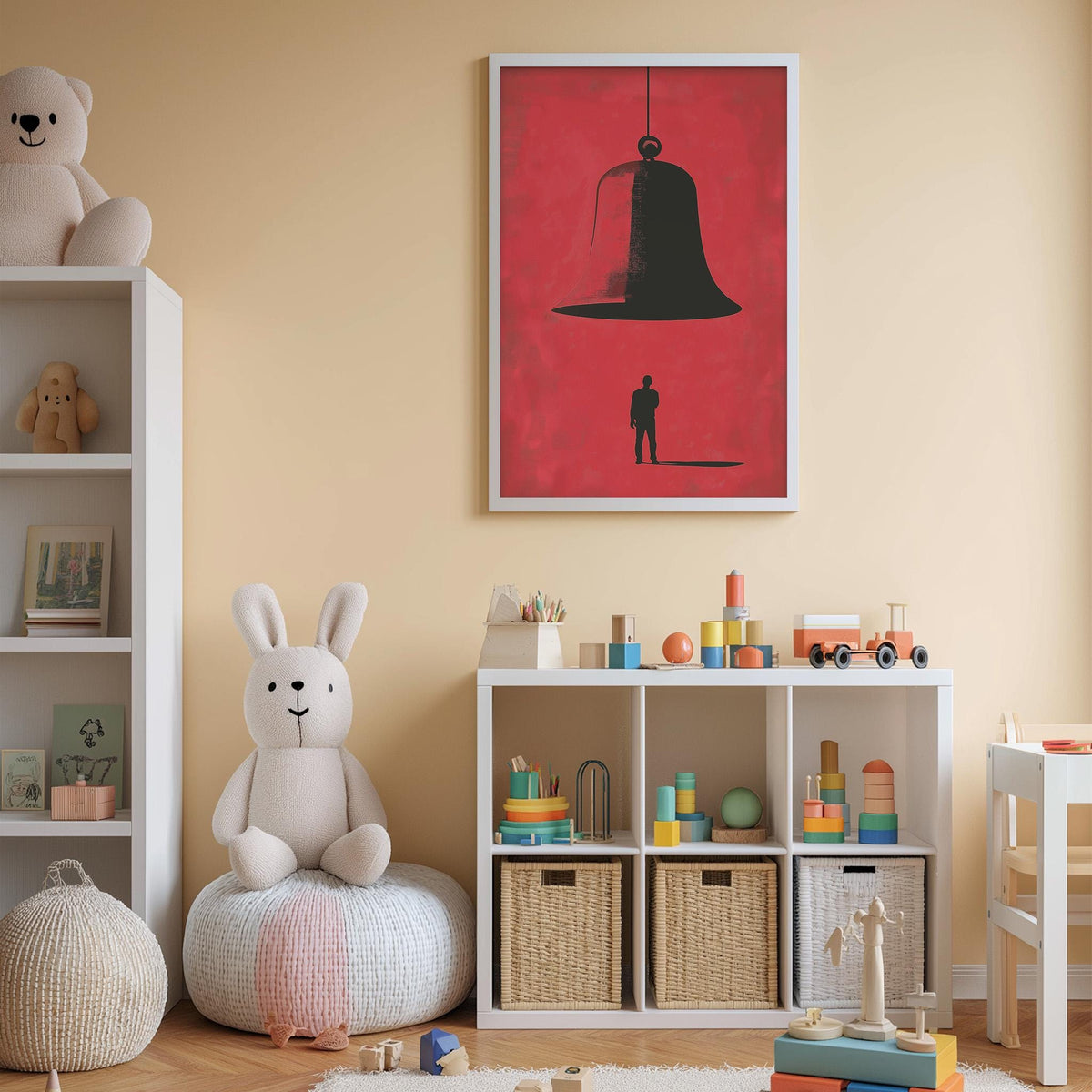 A child's bedroom with a white bookshelf, a stuffed rabbit, a toy train, and a framed artwork on the wall.