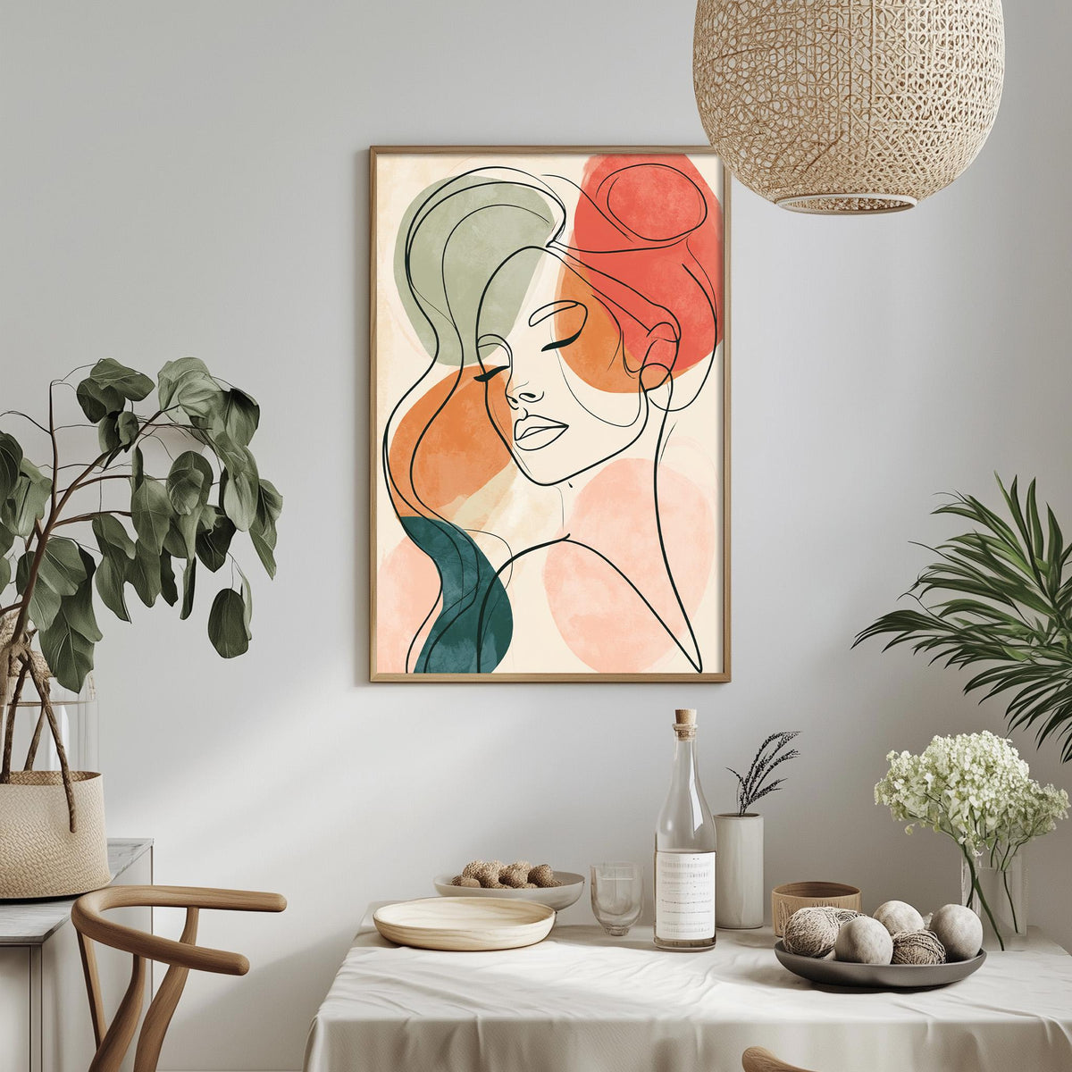 a modern art print of a woman's face with abstract shapes and lines, hanging on a wall above a dining table with various decorative items and plants.