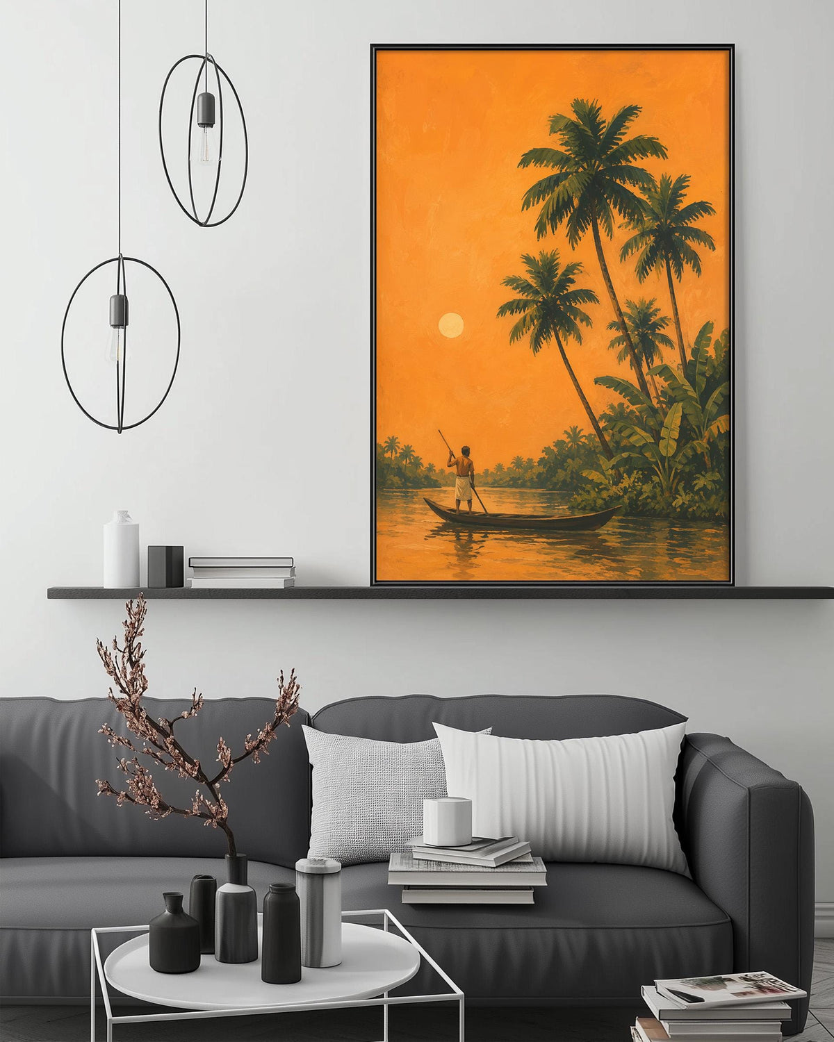 a living room with a gray sofa, a coffee table, and a large painting of a tropical scene hanging on the wall above the sofa.