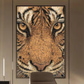 a modern office space with a large tiger print on the wall, a wooden desk, a chair, and a bookshelf.
