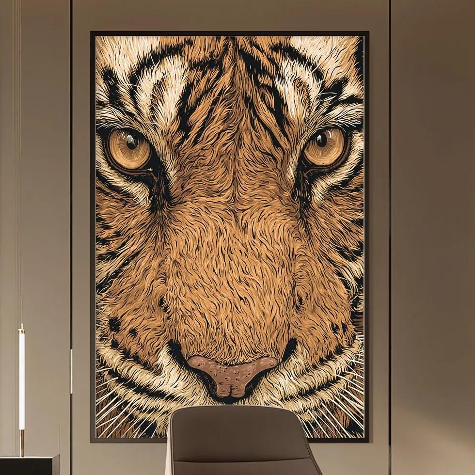 a modern office space with a large tiger print on the wall, a wooden desk, a chair, and a bookshelf.