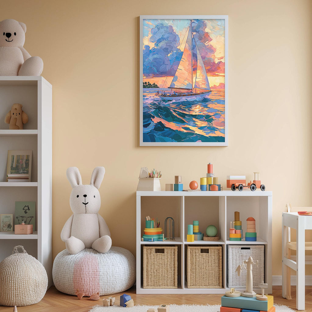 A cozy children's room with a large painting of a sailboat on the wall, a stuffed bunny, a bookshelf filled with toys, and a colorful toy box.