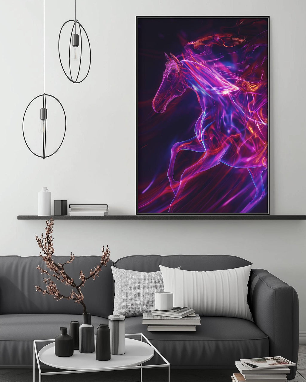 a large, vibrant, and abstract painting of a horse in a dynamic pose, hanging on a wall above a gray couch in a modern living room setting.