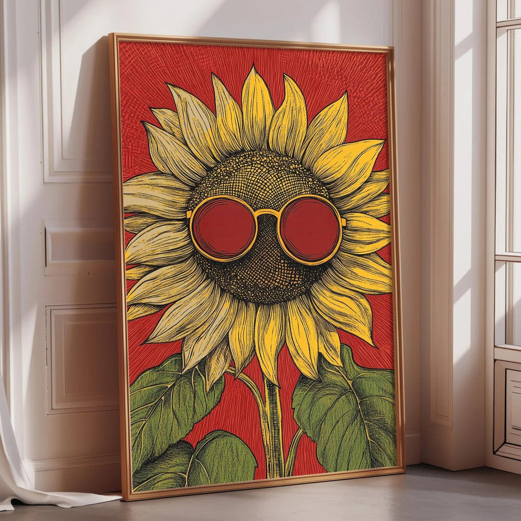 A framed illustration of a sunflower with red sunglasses on top, set against a red background.