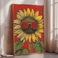 A framed illustration of a sunflower with red sunglasses on top, set against a red background.
