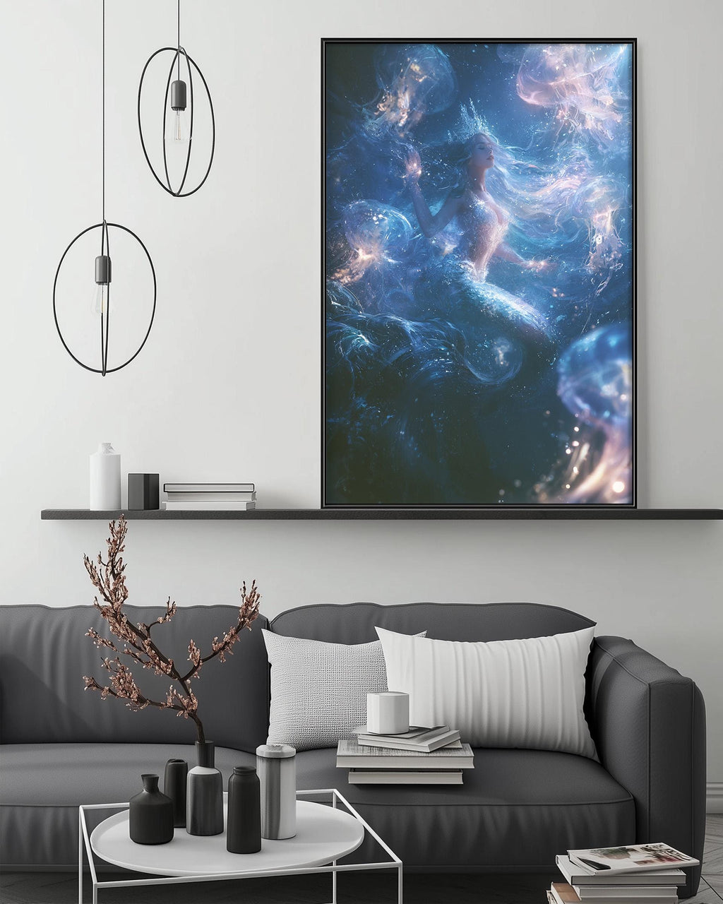 a large, vibrant, and colorful painting of a mermaid in a blue and purple underwater scene, hanging on a wall above a gray couch in a modern living room setting.