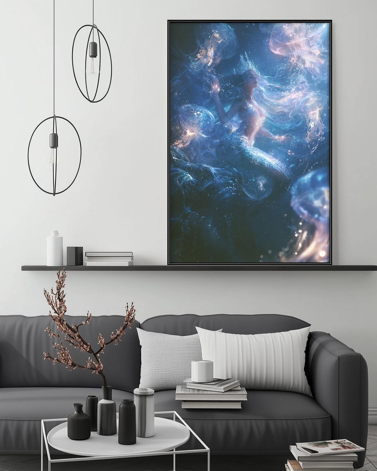a large, vibrant, and colorful painting of a mermaid in a blue and purple underwater scene, hanging on a wall above a gray couch in a modern living room setting.