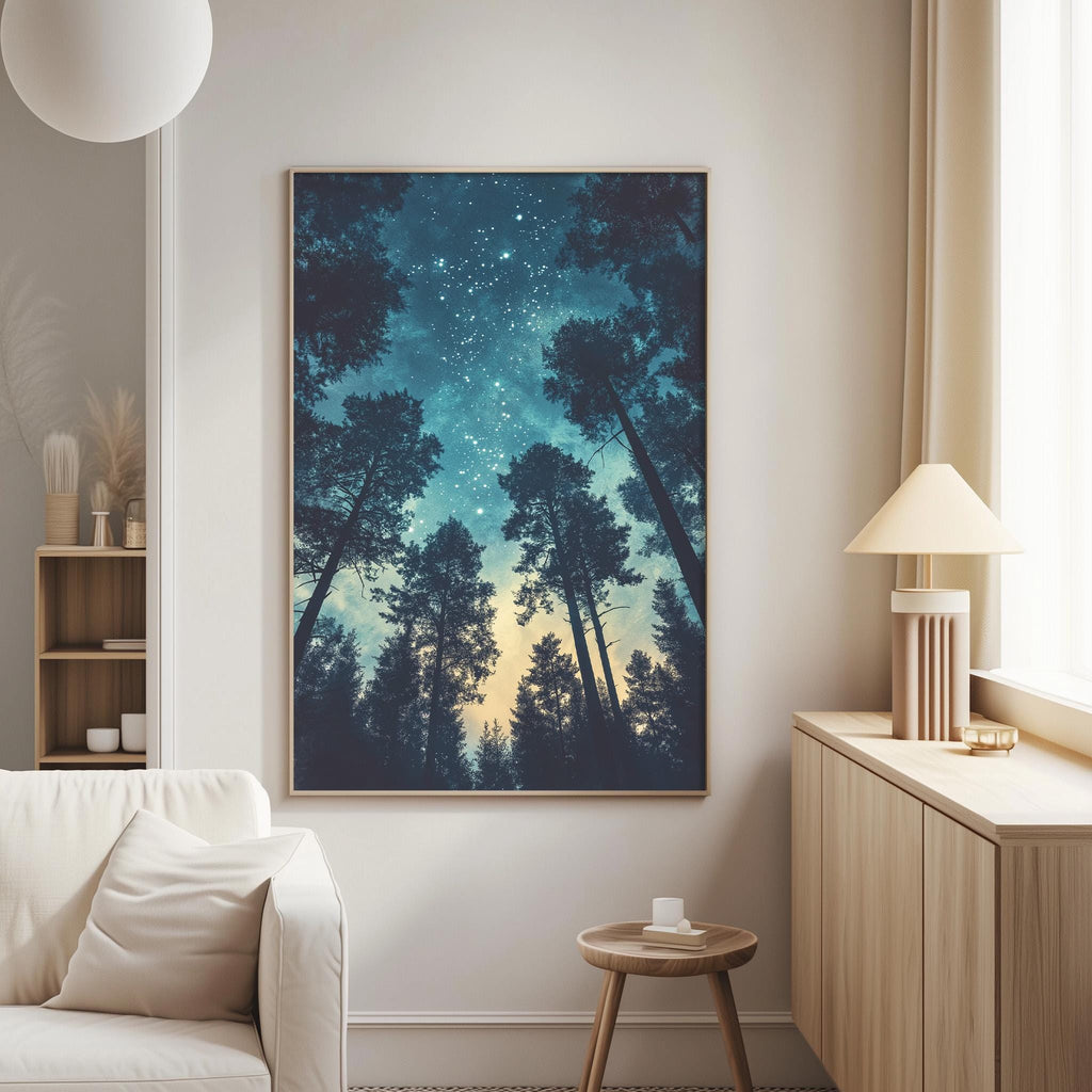 a large framed picture of a starry night sky with silhouetted trees in the foreground, hanging on a wall in a living room setting.