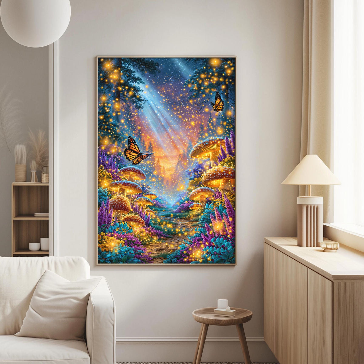 a large, colorful painting of a fantastical forest scene with mushrooms, flowers, and butterflies, hanging on a wall in a living room.