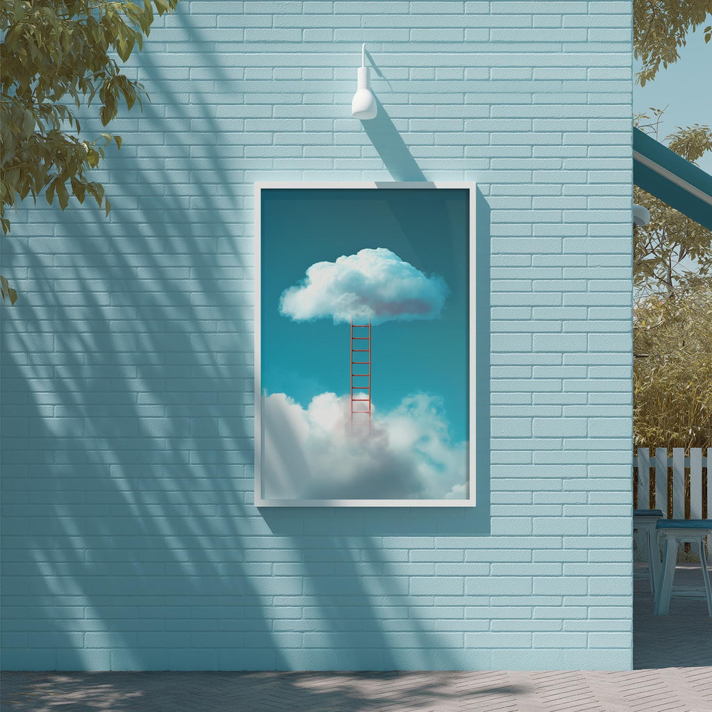 a blue brick wall with a framed picture of a red ladder leading up to a cloud in the sky.