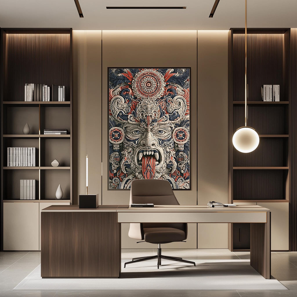 a modern and stylish office space with a large, colorful abstract painting on the wall behind a desk. The desk has a brown leather chair and is positioned in front of the painting. The office also features built-in bookshelves and a hanging light fixture, creating a professional and comfortable work environment.