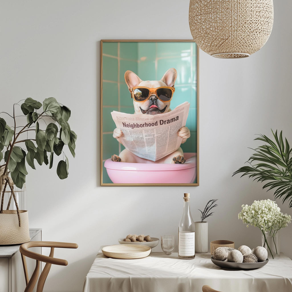 a dog wearing sunglasses and holding a newspaper with the word "neighborhood drama" written on it, sitting in a pink bowl.
