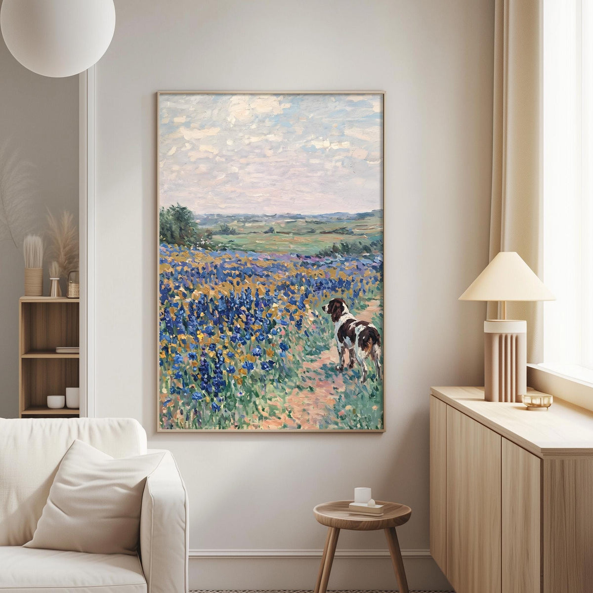 a large painting of a dog standing in a field of flowers, with a serene landscape in the background.