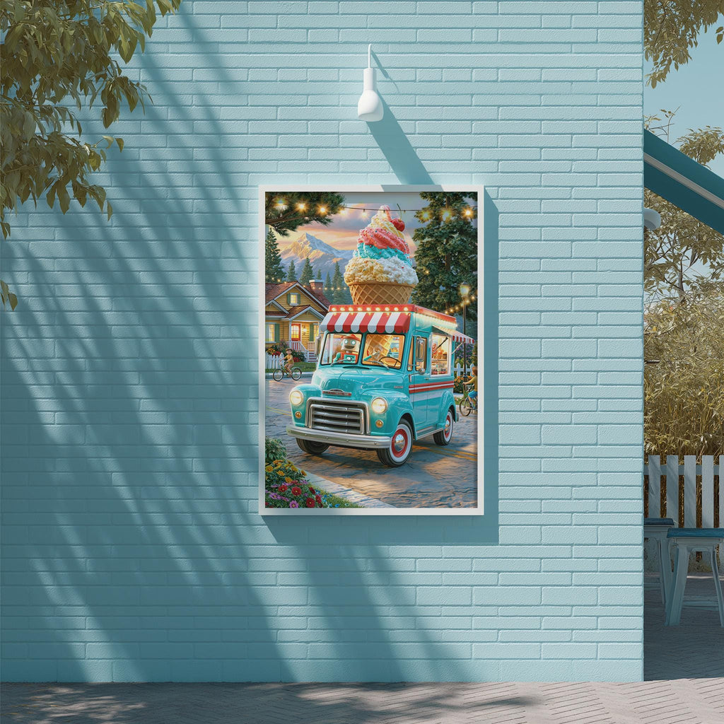 A vintage blue ice cream truck with a large ice cream cone on top is parked on a street, surrounded by colorful flowers and a picturesque landscape.