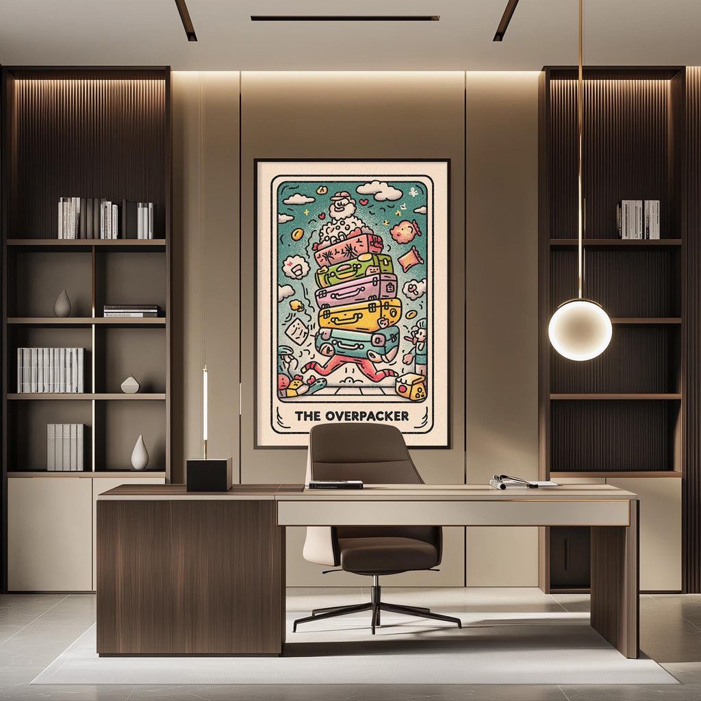 a modern office space with a large, colorful poster of a tarot card on the wall, a desk with a chair, and a bookshelf filled with books.