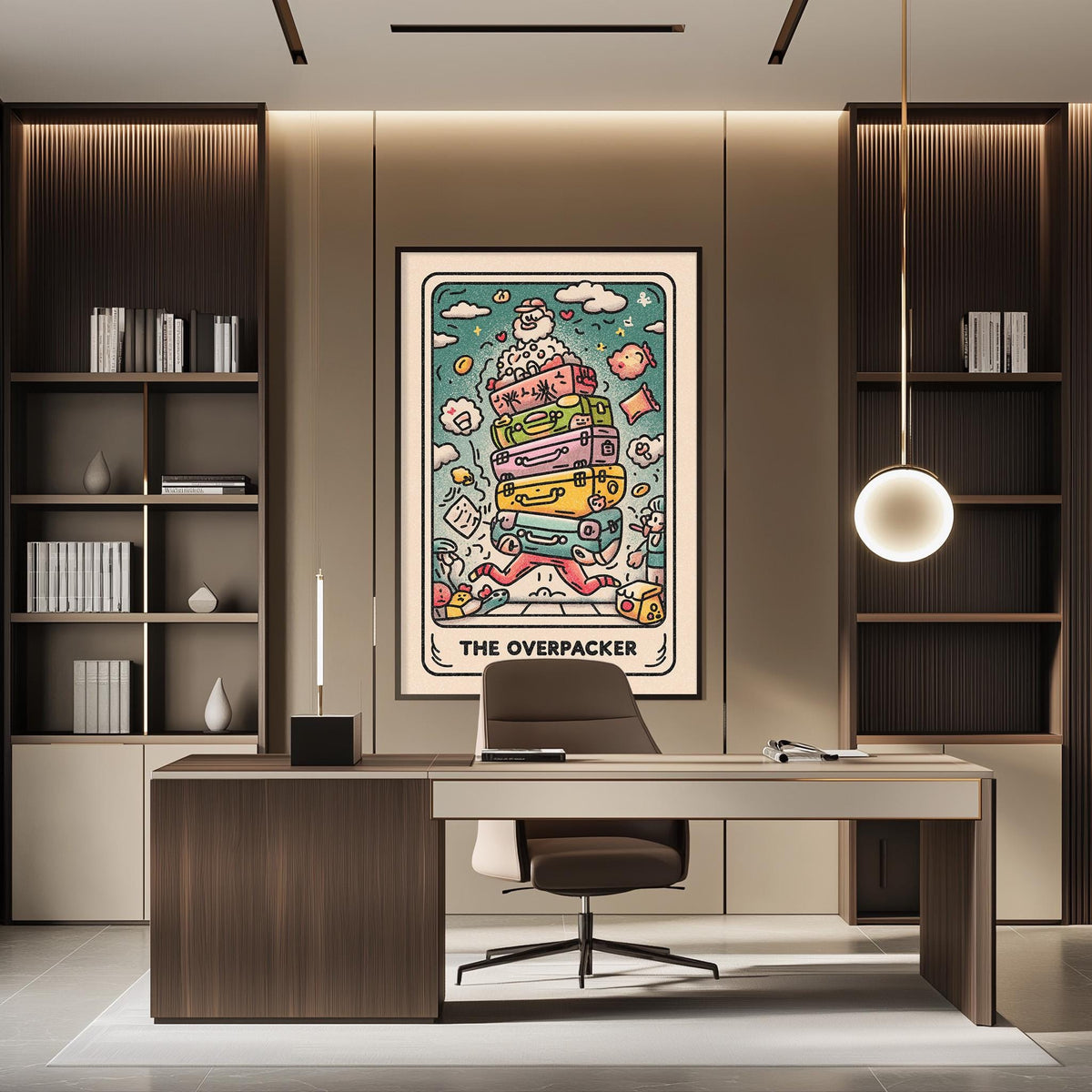 a modern office space with a large, colorful poster of a tarot card on the wall, a desk with a chair, and a bookshelf filled with books.