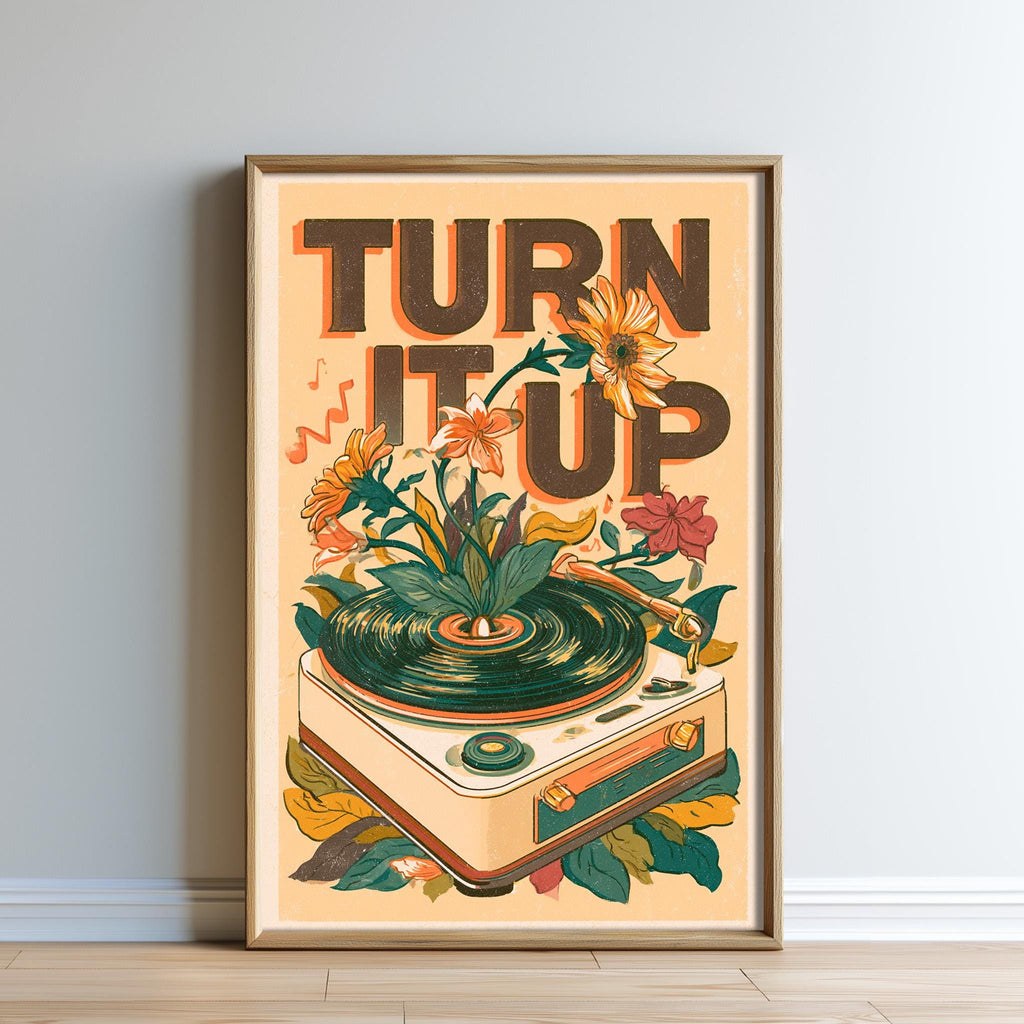 The image is a framed poster with a vintage-style design featuring a record player surrounded by flowers and leaves.