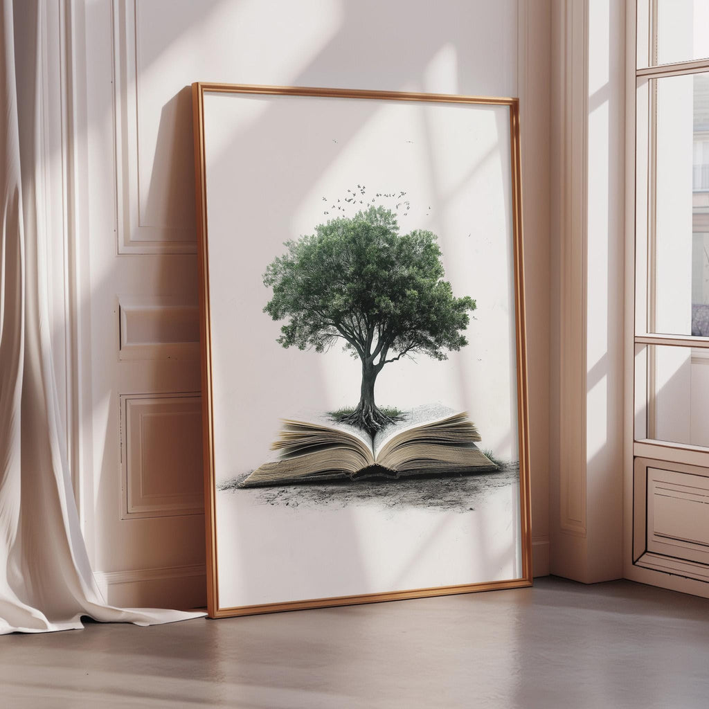 A framed image depicting a tree growing out of an open book, with birds flying around the tree.