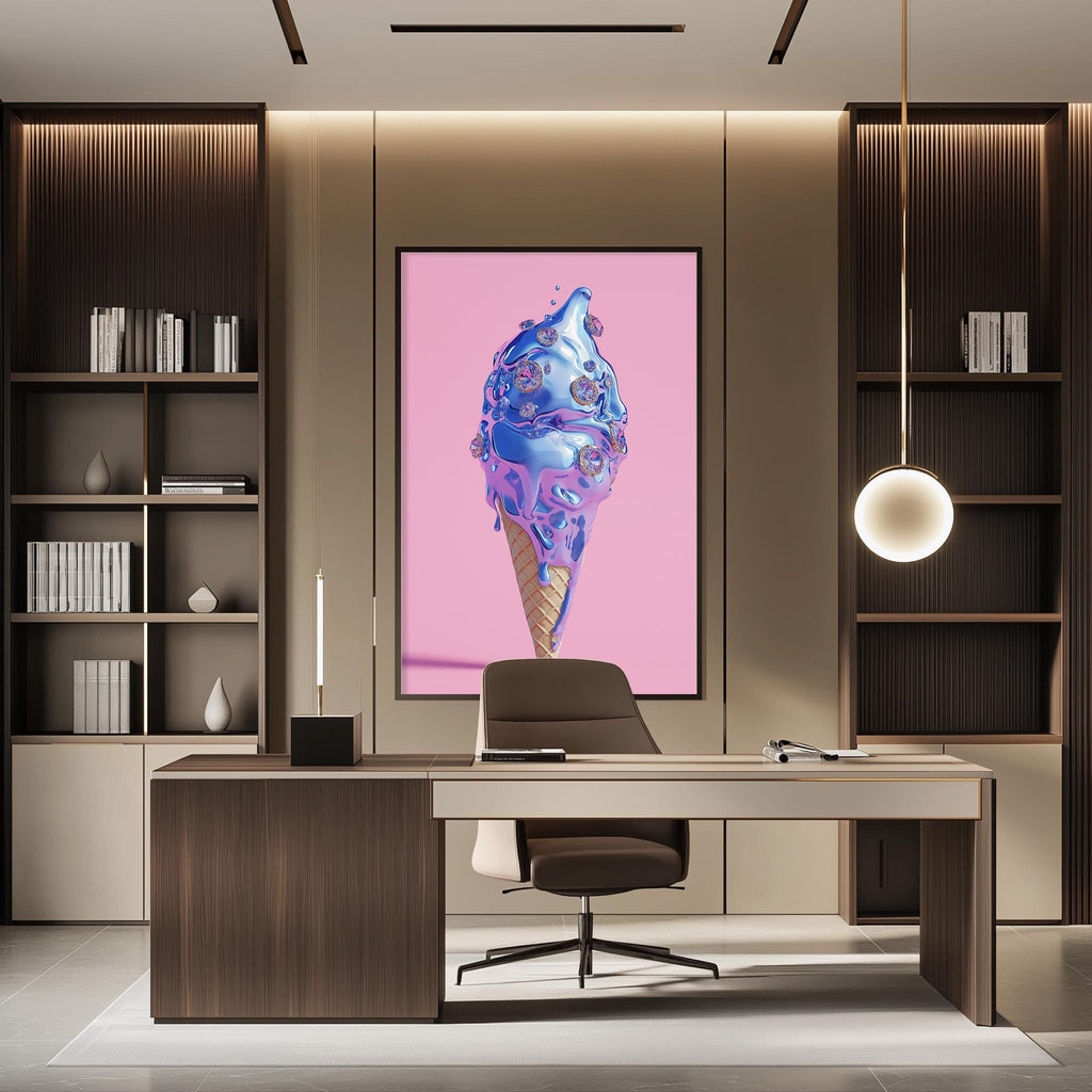a modern office space with a large framed artwork of an ice cream cone on the wall. The office has a wooden desk, a chair, and a bookshelf. The overall design and decor create a contemporary and stylish atmosphere.
