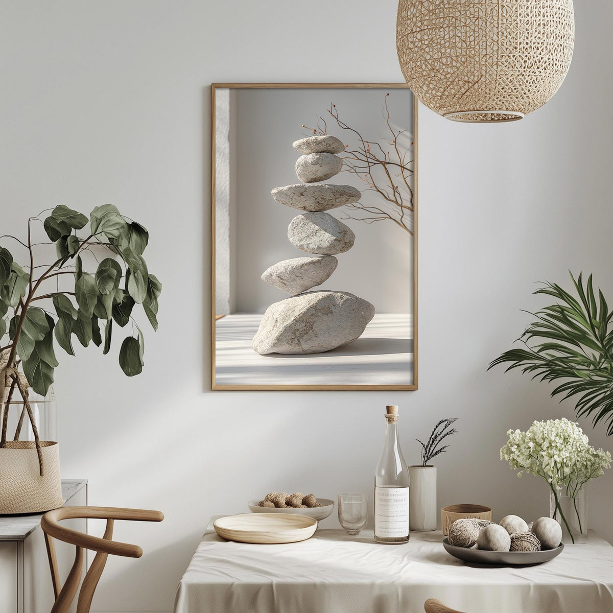 a minimalist dining room with a table set for two, a potted plant, a hanging light fixture, and a framed photograph of stacked stones on the wall.