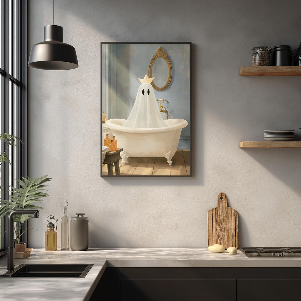 a framed painting of a ghost in a bathtub, hanging on a wall above a kitchen counter.