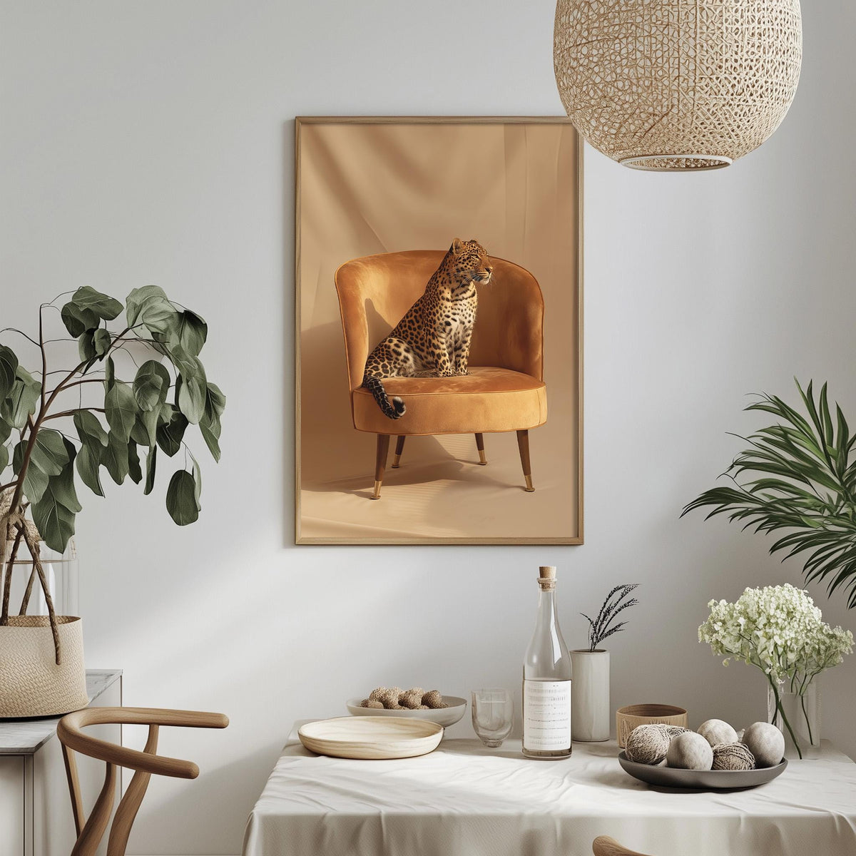 a dining table with a bowl of fruit, a bottle, and a vase of flowers, along with a framed picture of a leopard sitting in an armchair.