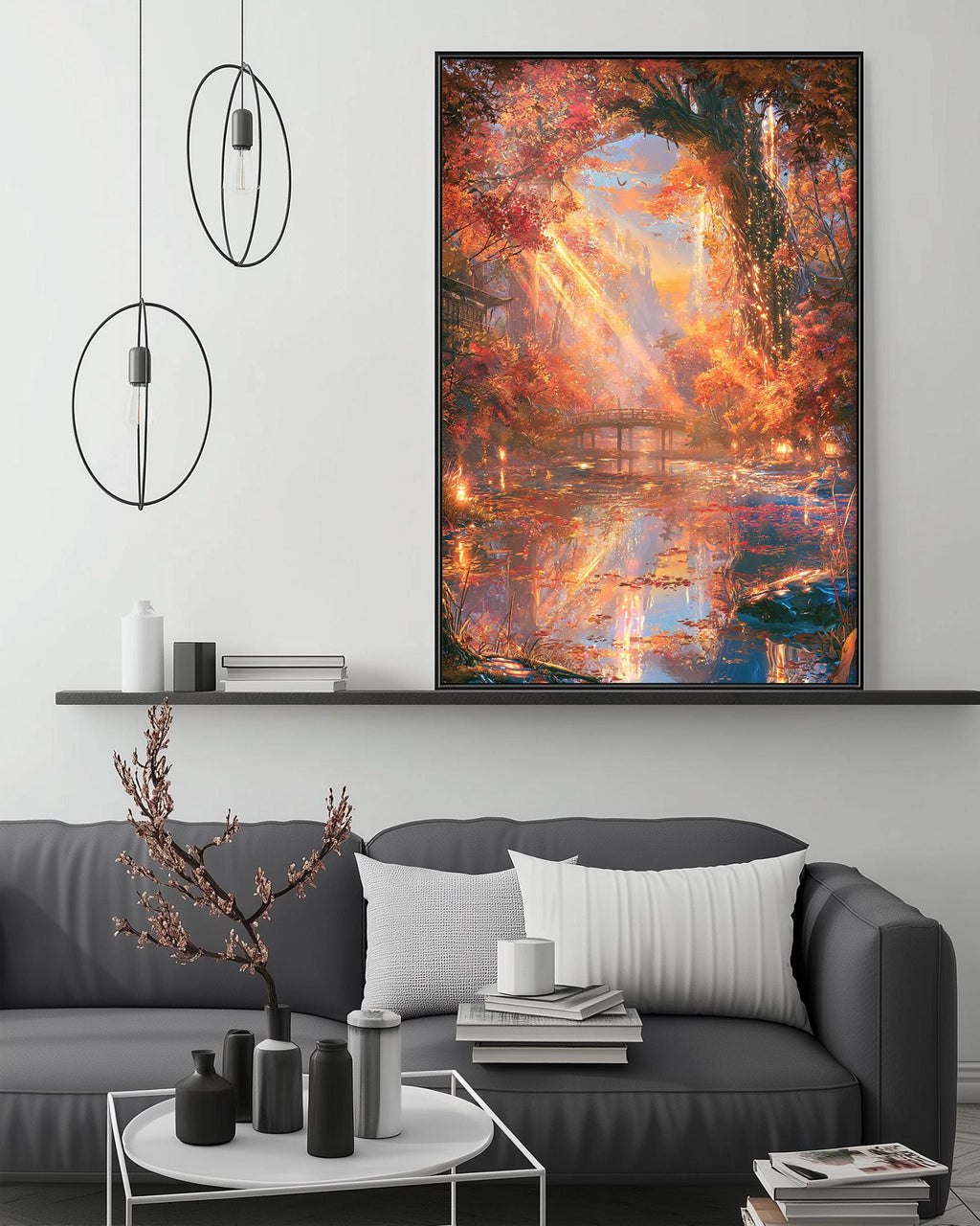 a large, vibrant painting of a forest scene with a bridge and water, hanging on a wall above a gray couch with white pillows. The painting is surrounded by various decorative items, including a potted plant, vases, and books, creating a cozy and inviting atmosphere in the living room.