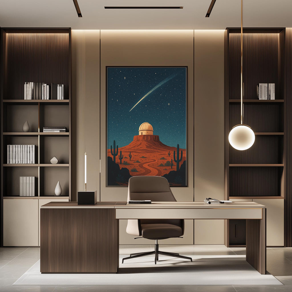 a modern office space with a large framed artwork depicting a desert landscape with a cactus and a mountain in the background, along with a starry night sky. The office has a wooden desk, a chair, and a bookshelf, creating a professional and stylish atmosphere.