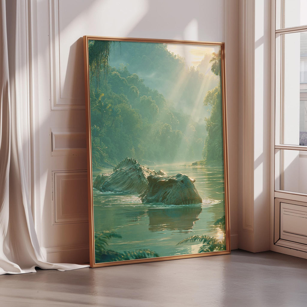a large, framed painting depicting a serene landscape with a river, lush greenery, and a waterfall. The painting is placed on a white wall in a room with a window, creating a peaceful and natural atmosphere.