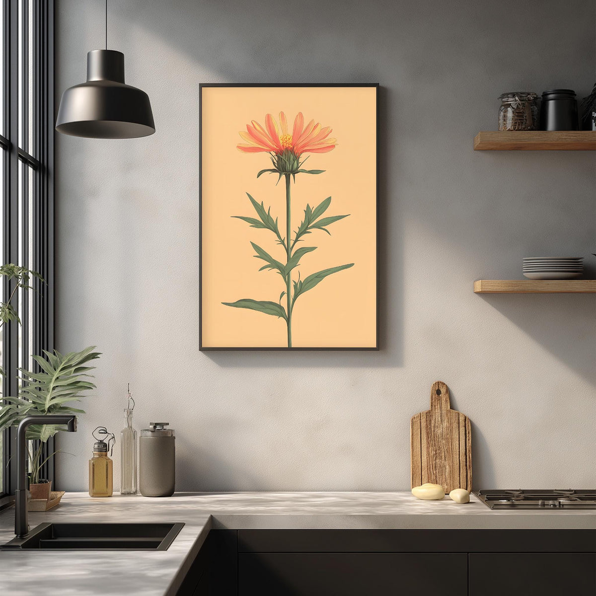 a kitchen counter with a framed illustration of a flower on the wall above it. The counter has various kitchen items, such as a cutting board, a soap dispenser, and a bottle. The overall scene has a modern and minimalist aesthetic.