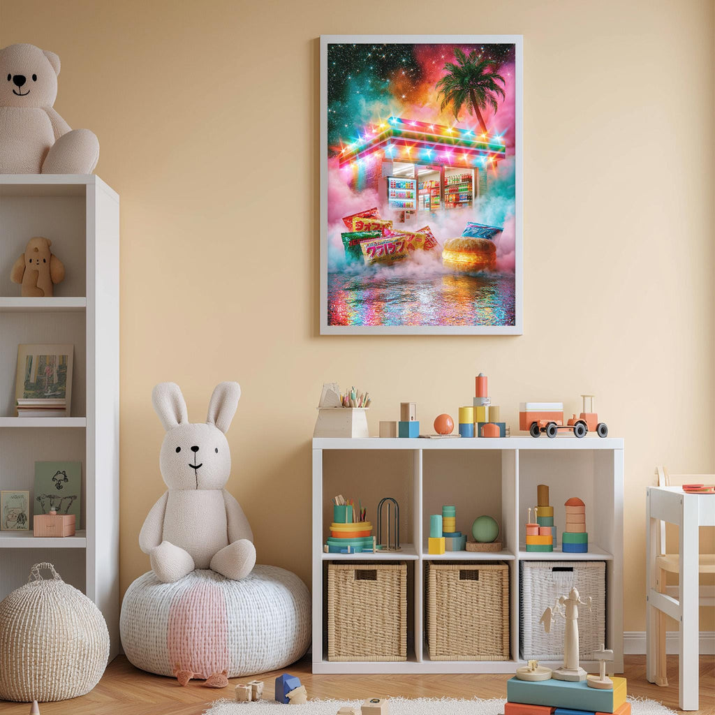 A child's bedroom with a large stuffed bunny, a bookshelf filled with toys, and a colorful painting of a tropical beach scene hanging on the wall.