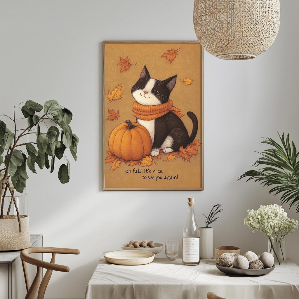a cozy dining scene with a framed illustration of a cat wearing a scarf and holding a pumpkin, surrounded by autumn leaves. The cat is sitting on a table with a bowl of fruit, a bottle, and a vase of flowers. The table is set with plates, bowls, and other tableware, creating a warm and inviting atmosphere. The overall scene conveys a sense of comfort and warmth, with the cat and autumn leaves adding a touch of seasonal charm.