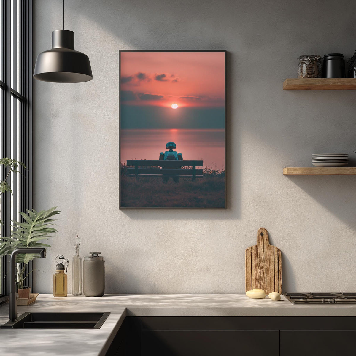 a serene scene of a person sitting on a bench, facing the ocean at sunset. The person is silhouetted against the vibrant colors of the sky, creating a peaceful and contemplative atmosphere.