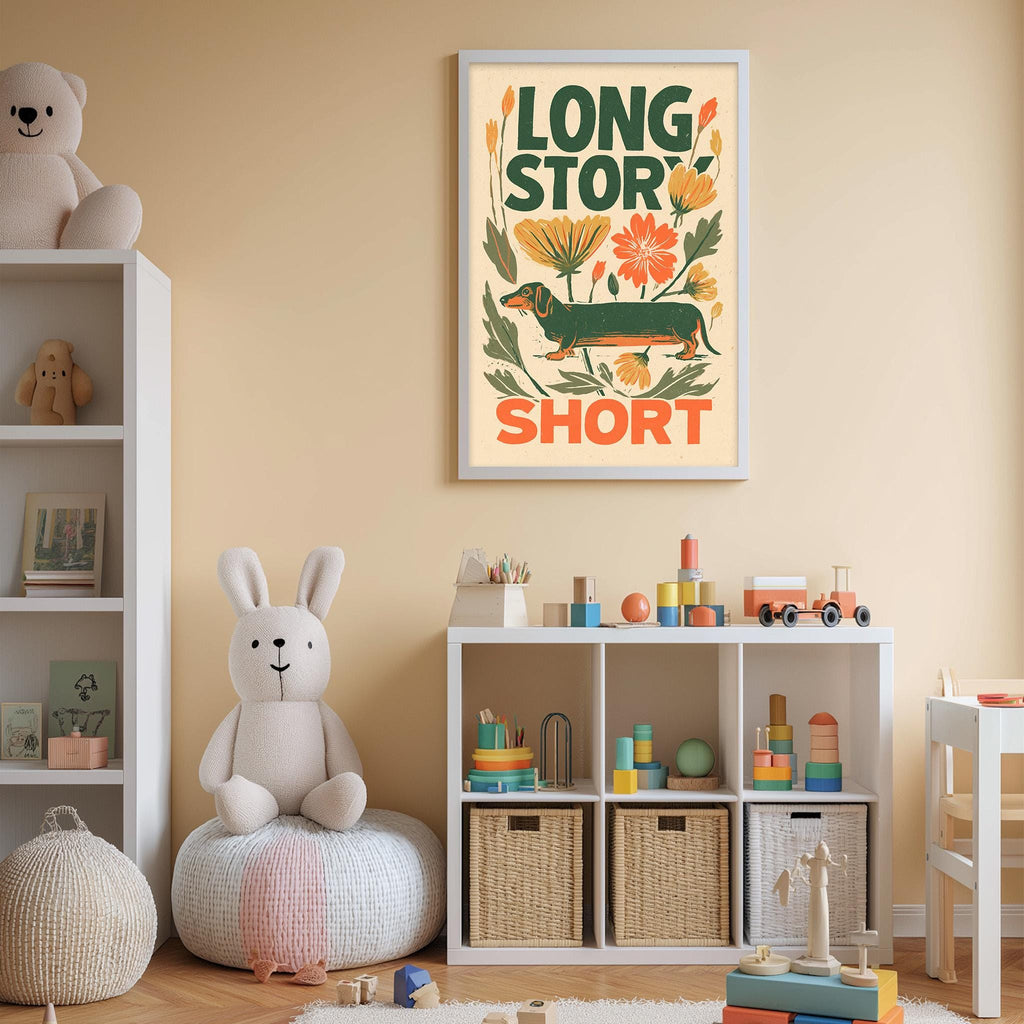 A child's bedroom with a white bookshelf, a stuffed rabbit, and a colorful poster on the wall. The poster features a cartoon dog and the text "LONG STORY SHORT".