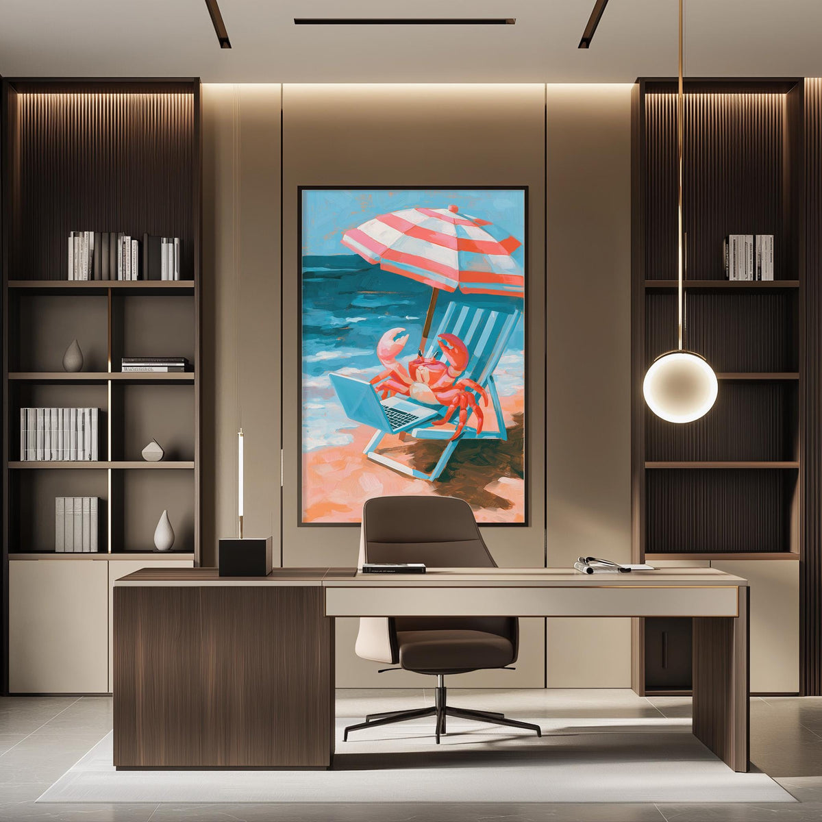 a modern office space with a large painting of a crab sitting in a beach chair on the wall. The office features a desk, chair, and shelving units, creating a professional and stylish atmosphere.