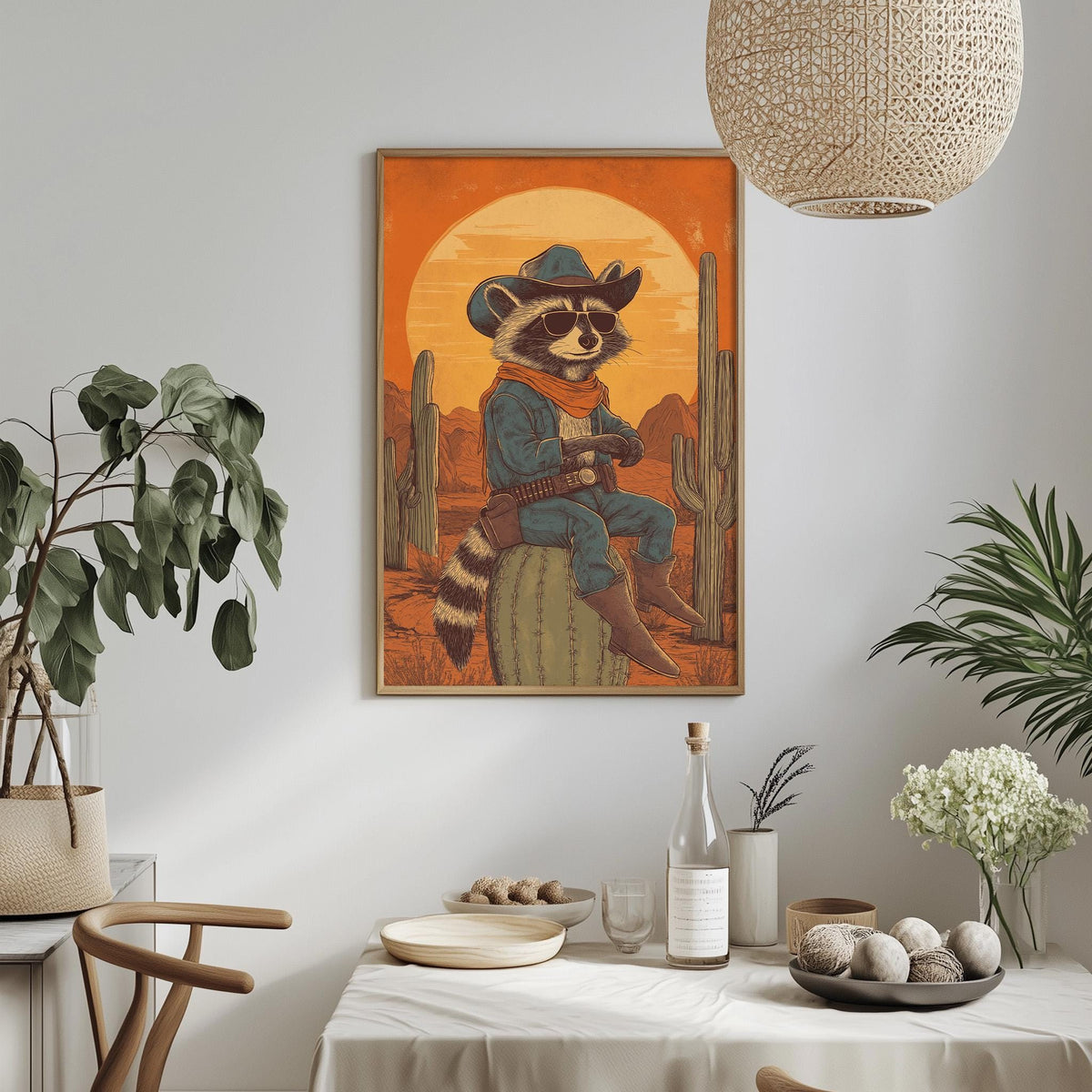 a framed illustration of a raccoon dressed as a cowboy, sitting on a cactus in a desert landscape with a crescent moon in the background. The scene is set against a white wall, with a dining table and chairs in the foreground. The table is set with various items, including a bottle, a bowl, and a vase, creating a cozy and inviting atmosphere.