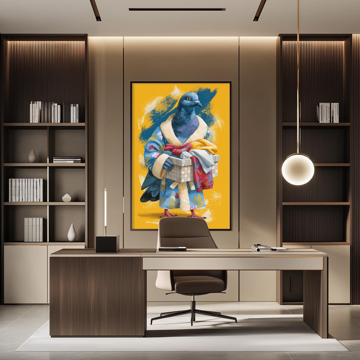 a modern office space with a large, colorful painting of a bird dressed in a robe, holding a box, hanging on the wall above a desk with a chair.