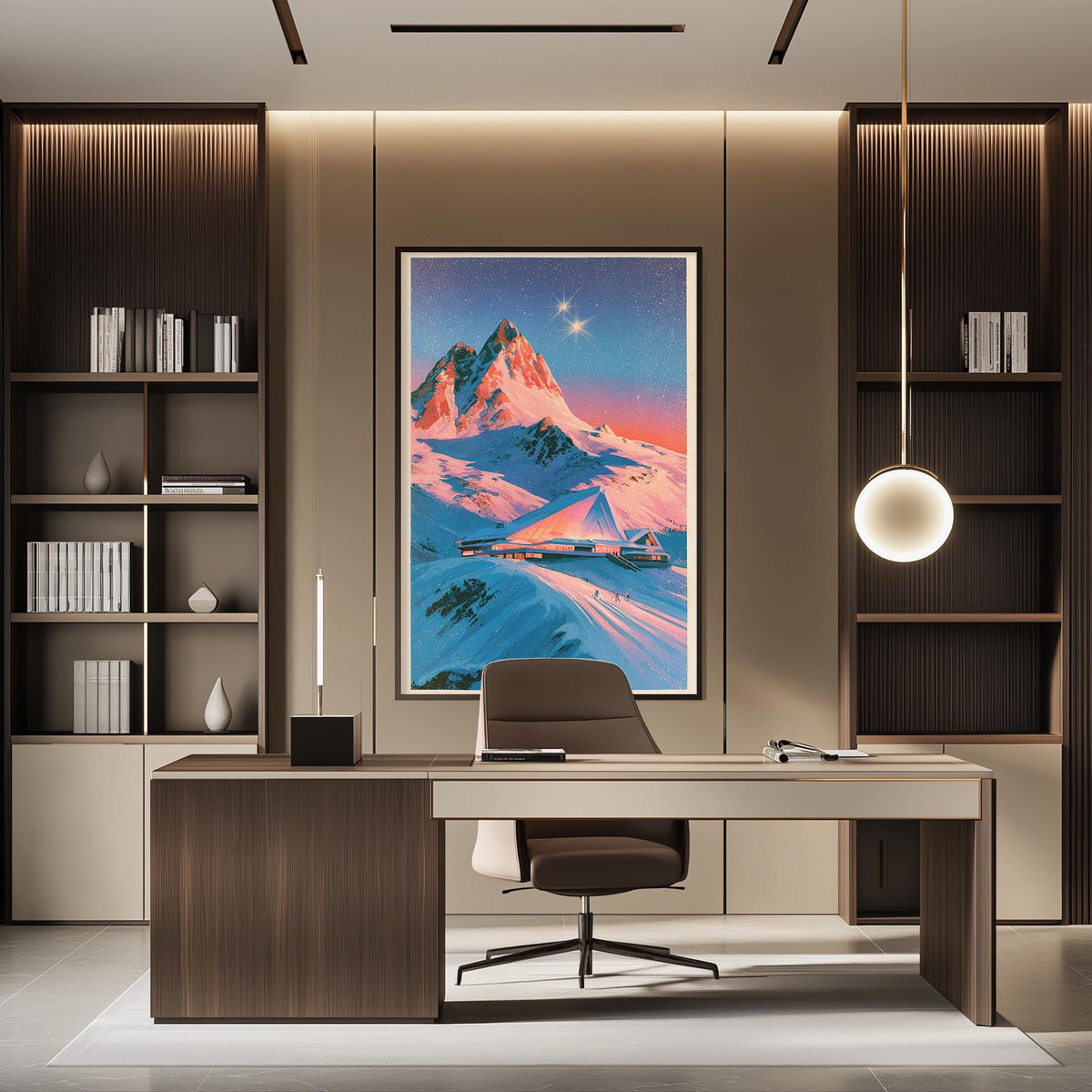 a modern office space with a large framed picture of a snowy mountain landscape hanging on the wall behind a desk with a chair.