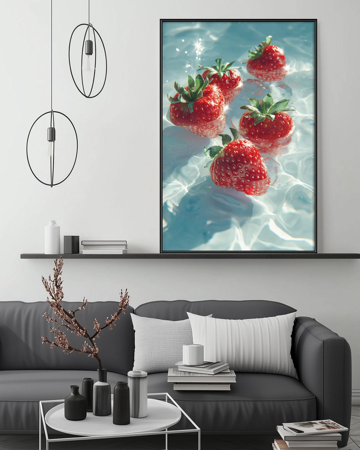 a large framed photograph of red strawberries floating in a body of water, creating a serene and visually appealing scene.