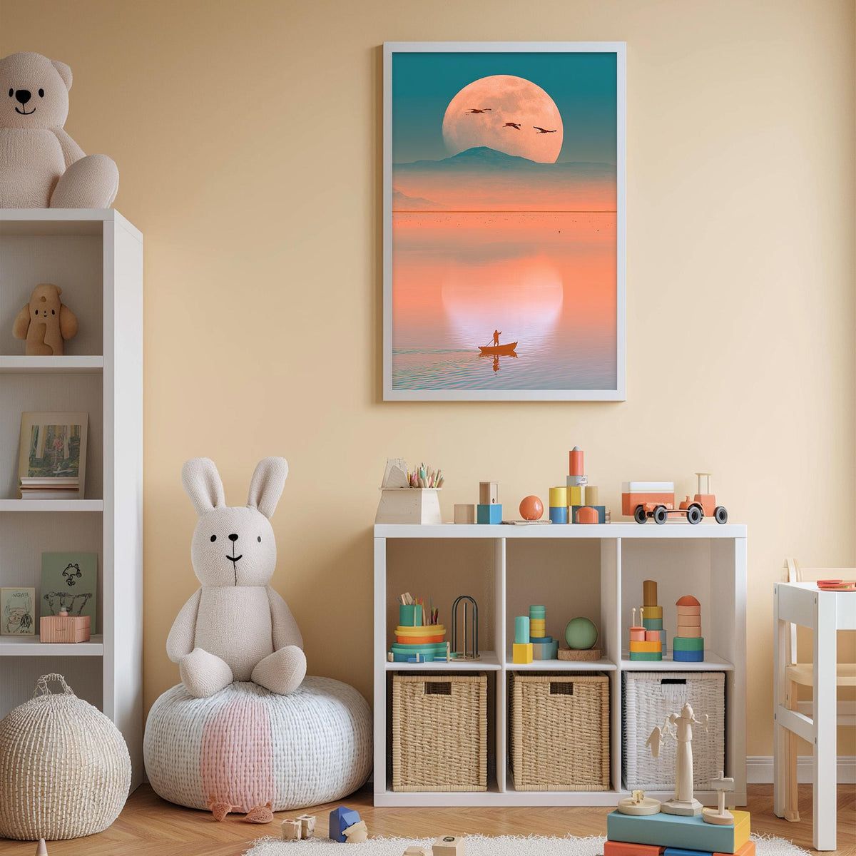 A cozy children's bedroom with a large stuffed bunny, a bookshelf, and a toy chest filled with toys. The walls are painted a light peach color, and a framed picture of a sunset with a boat on the water is displayed above the bookshelf.