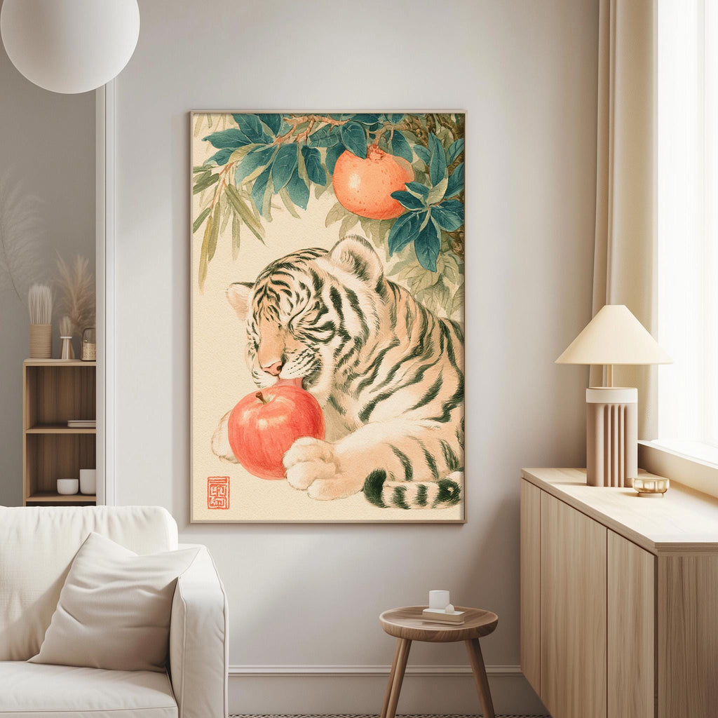 a tiger resting on a branch with an apple in its mouth, surrounded by a lush green tree and leaves.