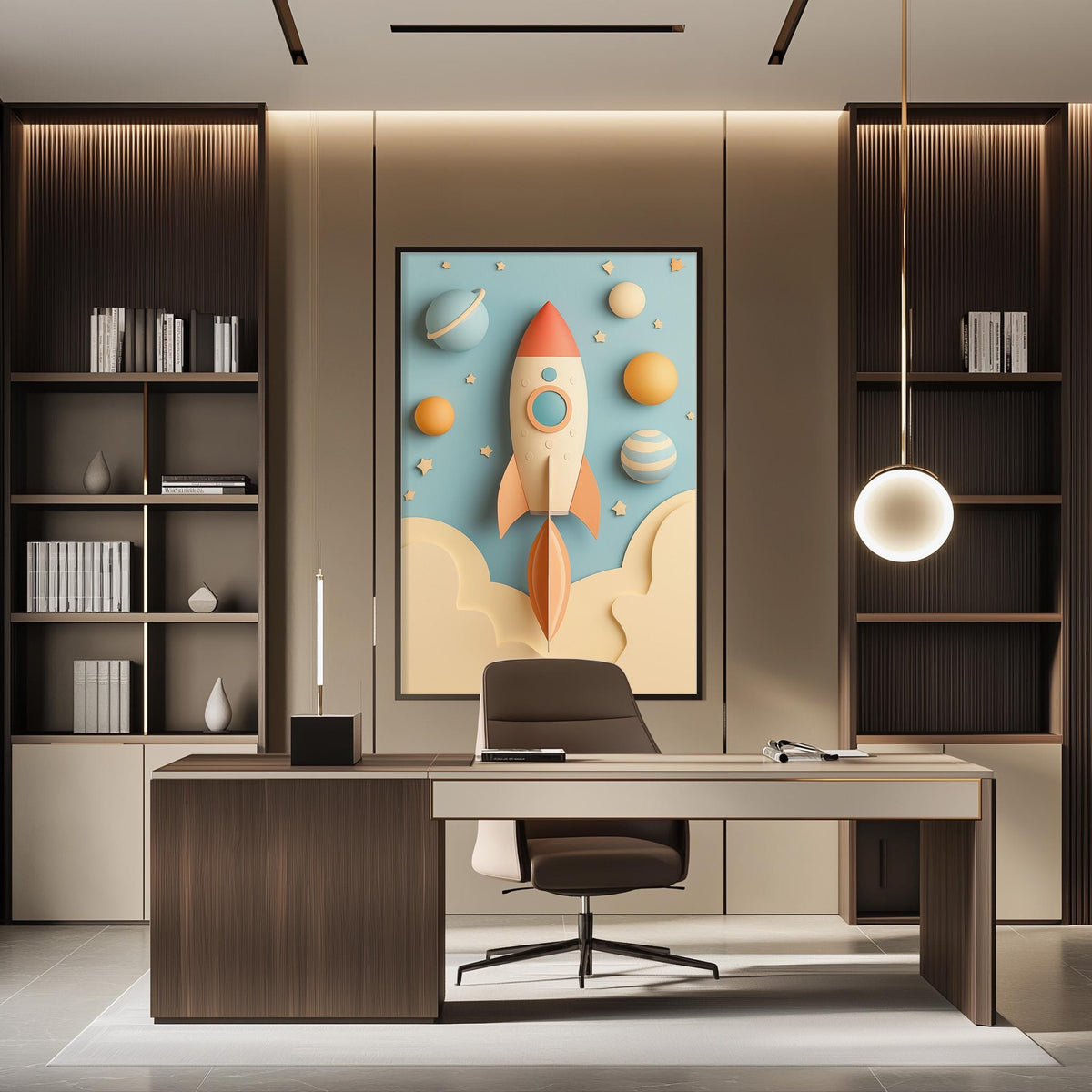 a modern office space with a large rocket ship artwork on the wall, a wooden desk with a chair, and built-in bookshelves.