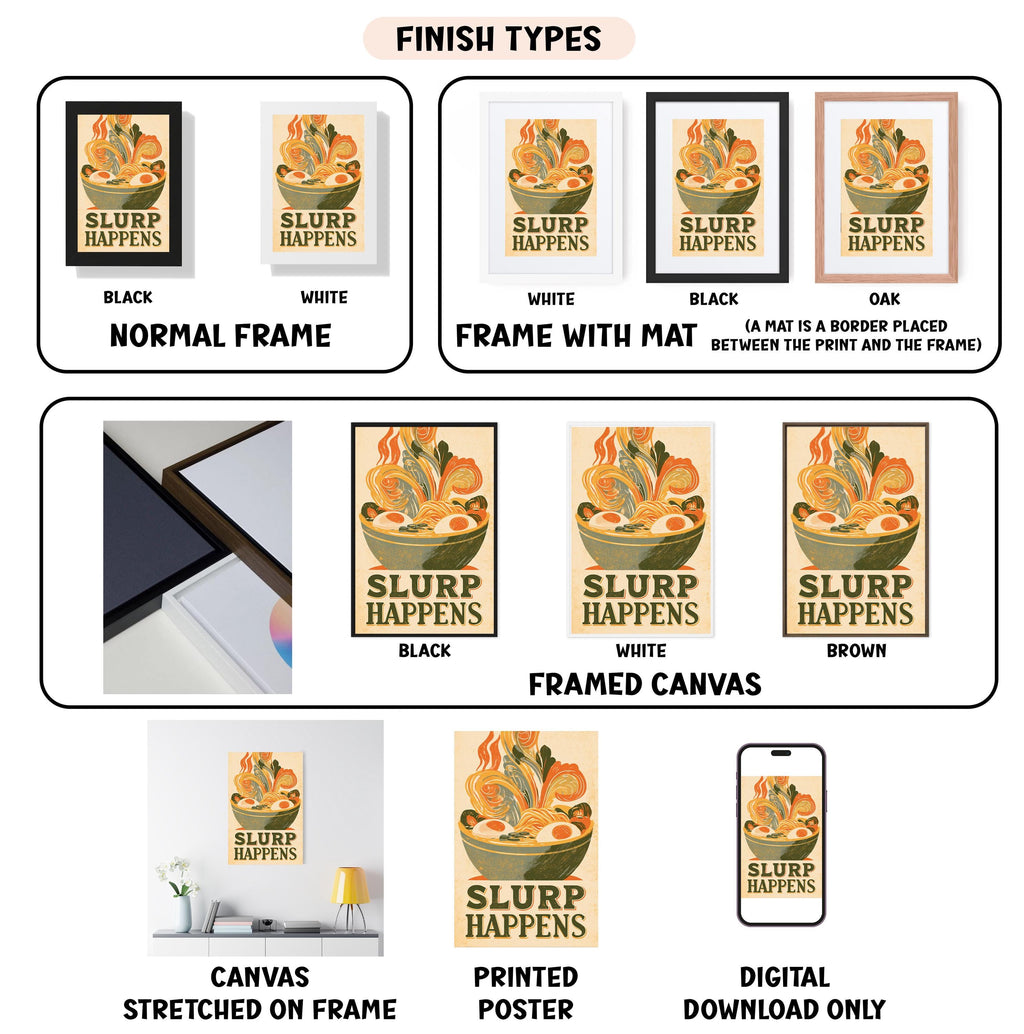 various finish types for a "SLURP HAPPENS" poster, including a black and white normal frame, a white frame with a mat, a black frame, a white framed canvas, a framed canvas, a stretched canvas, a printed poster, and a digital download only.