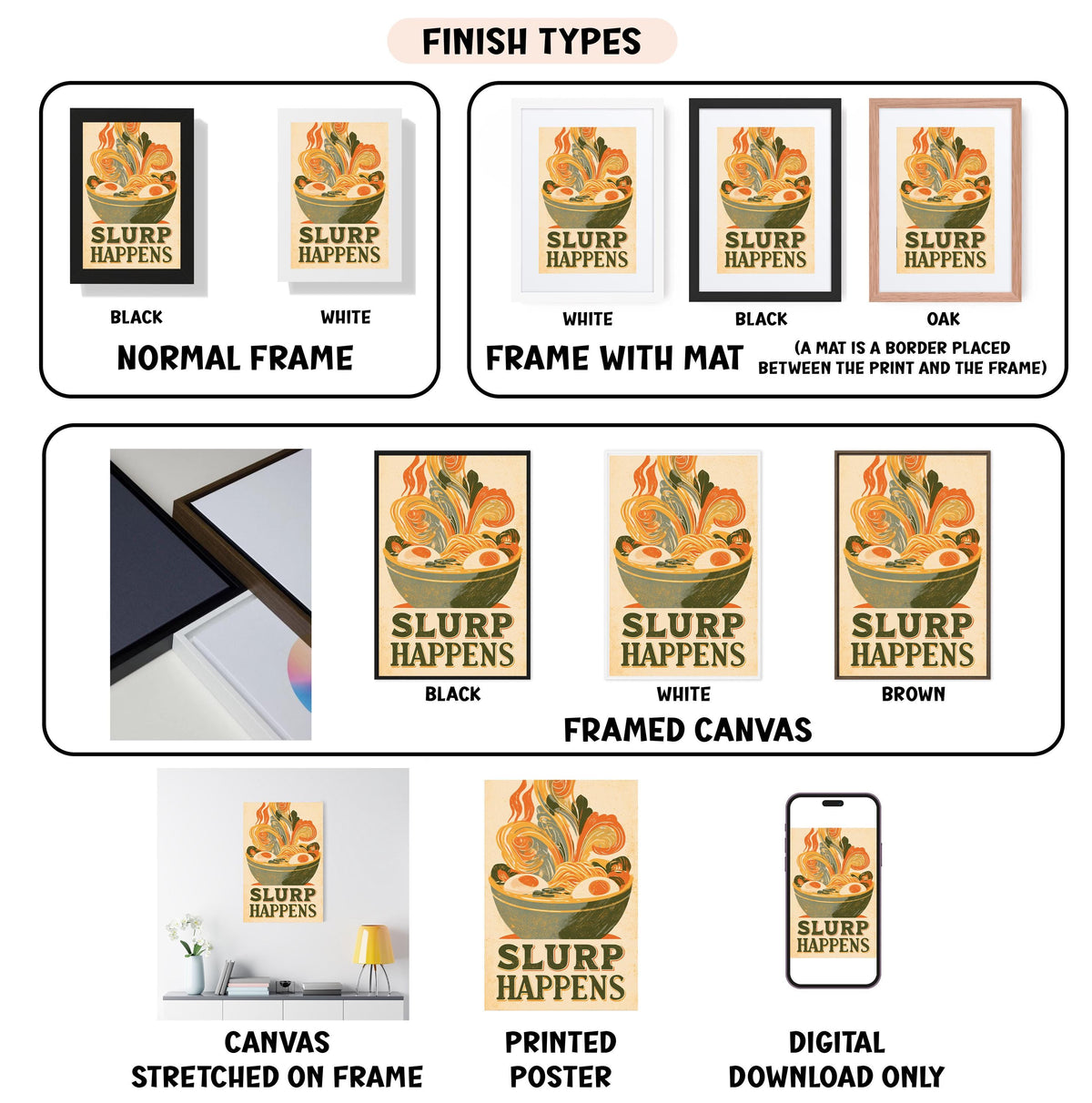 various finish types for a "SLURP HAPPENS" poster, including a black and white normal frame, a white frame with a mat, a black frame, a white framed canvas, a framed canvas, a stretched canvas, a printed poster, and a digital download only.