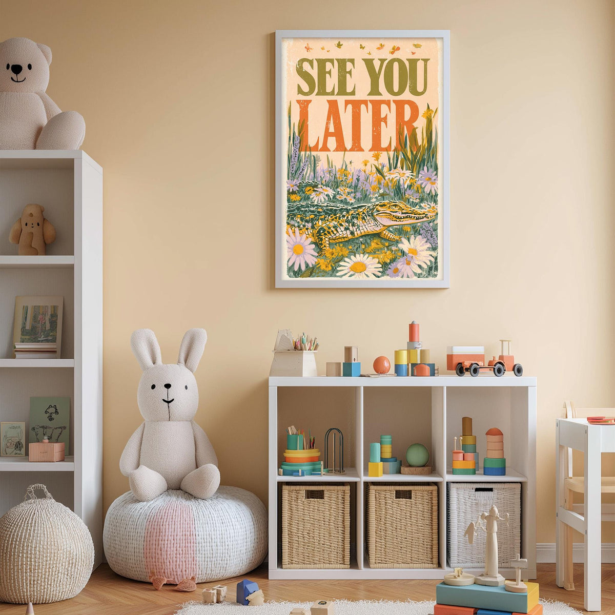 A child's bedroom with a white bookshelf, a stuffed rabbit, and a toy train. Above the bookshelf is a framed poster with the text "See you later".