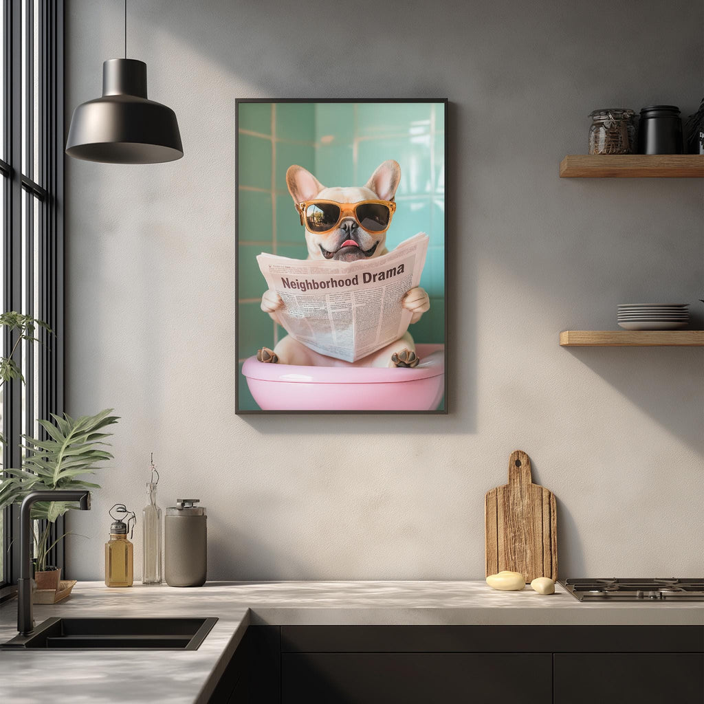 A framed image of a dog wearing sunglasses and holding a newspaper, with the text "Neighborhood Drama" on the newspaper.