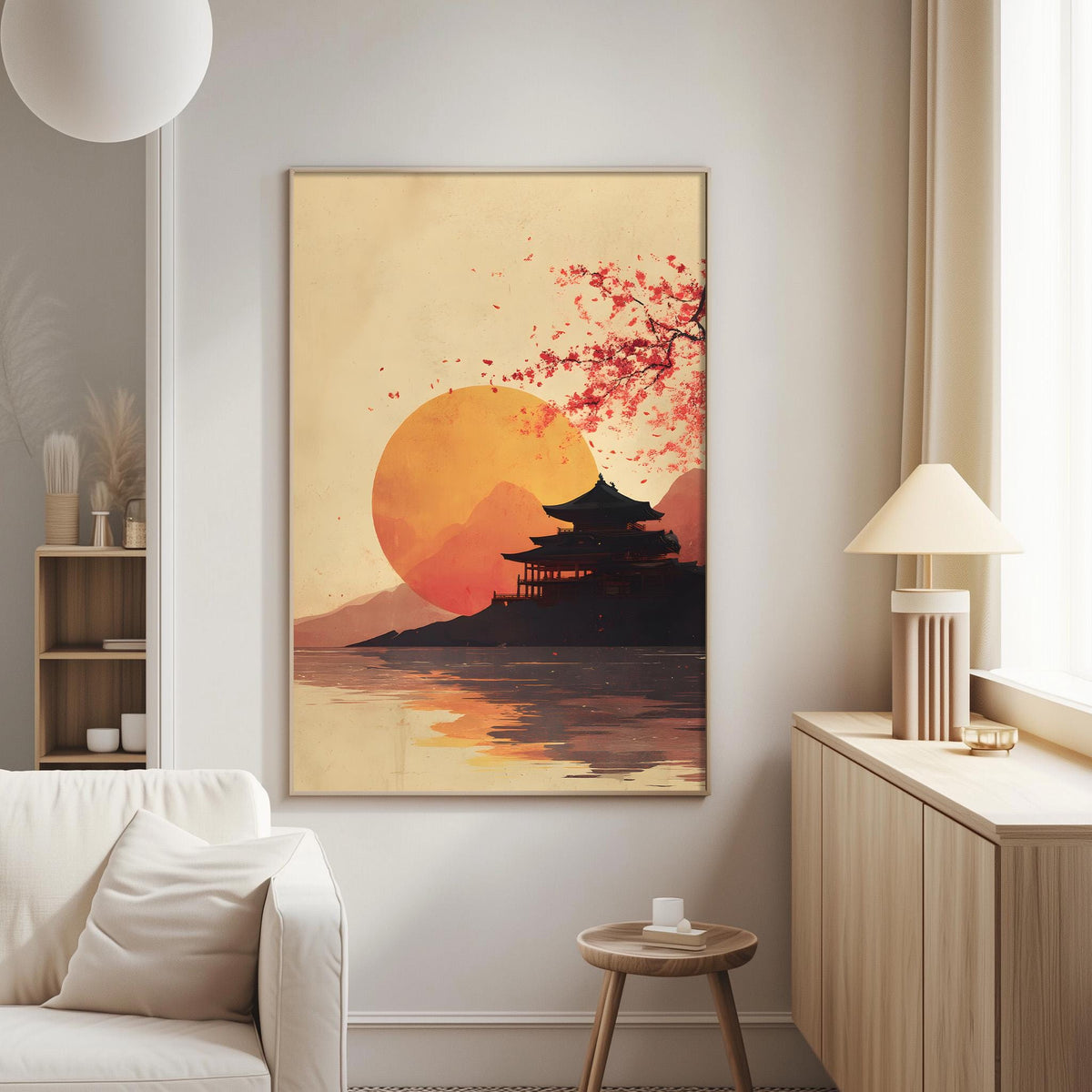 a living room with a large wall art depicting a serene sunset over a temple, with a tree in the foreground.
