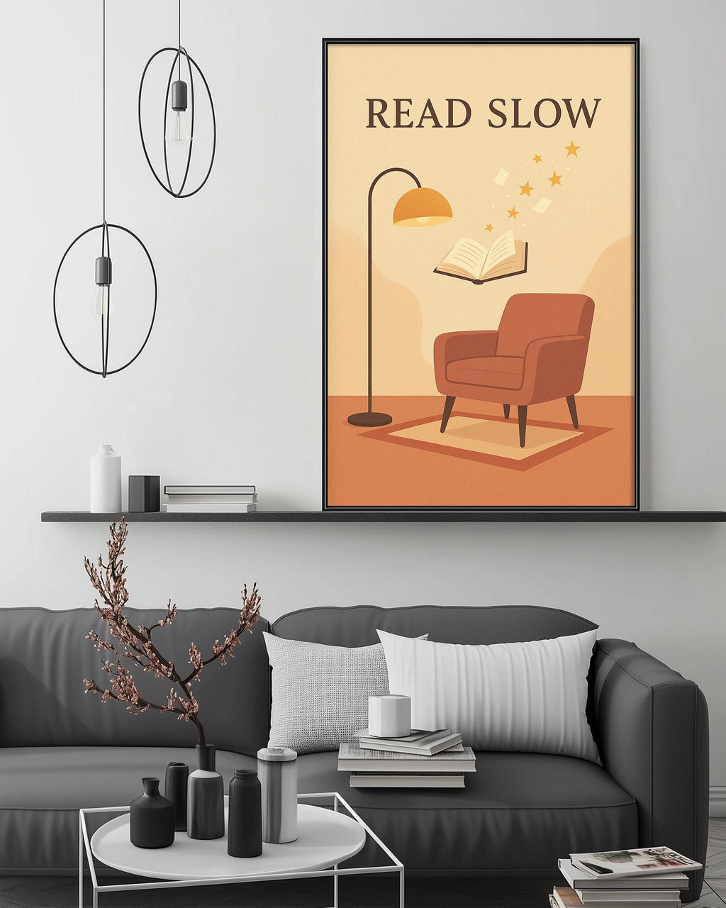 a cozy living room with a gray couch, a coffee table, and a bookshelf. Above the couch, there is a framed poster with the text "READ SLOW" and an illustration of a lamp and a book.