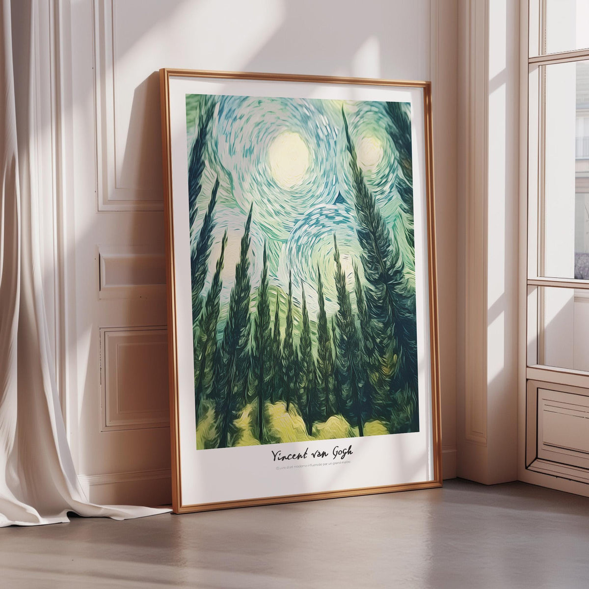 a framed painting of a forest scene with pine trees and a starry sky.